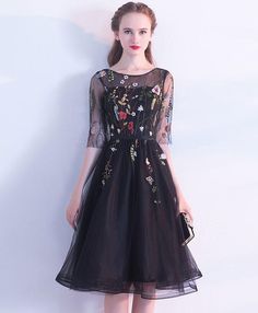 Black A-line Tulle Evening Dress, Black Tulle A-line Evening Dress, Black Tulle Dress For Evening, Black Tulle Mini Dress For Cocktail, Black Tulle Dress For Formal Occasion, Black Sheer A-line Dress, Formal Black Tulle Dress, Black Short Sleeve Evening Dress, Black Tulle Formal Dress