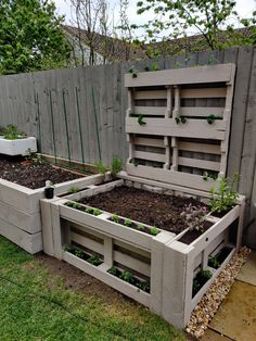 an outdoor garden area with raised planters and plants growing in the ground, along side a fence