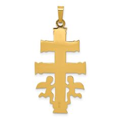 Celebrate and honor all special occasions with jewelry of religious significance! Our collection of spiritually inspired designs that show faith, hope and devotion are perfect for commemorating life's milestones. This Caravaca Crucifix pendant crafted in 14k two tone gold features a solid 3-dimensional corpus and a flat back design. The approximate size is 19mm (3/4 inch) in width by 38mm (1 1/2 inch) in length with the bail. This item does not include a chain. Spiritual Crucifix Jewelry And Charms Gift, Spiritual Charms Necklaces For Commemoration, Spiritual Jewelry With Large Crucifix Pendant, Spiritual Crucifix Jewelry With Large Pendant, Engraved Cross Pendant Jewelry For Blessing, Spiritual Cross Pendant Jewelry For Commemoration, Personalized Spiritual Crucifix Jewelry, Spiritual Cross Jewelry For Commemoration, Engraved Spiritual Cross Pendant Jewelry