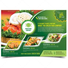 a green restaurant brochure with food items on the front and back cover,