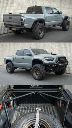 four different views of the front and rear sides of a truck with tires on it