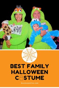 two people in costumes with the words best family halloween costume on them and an image of a giraffe holding a baby