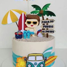 a birthday cake decorated with an image of a man in sunglasses and a surfboard