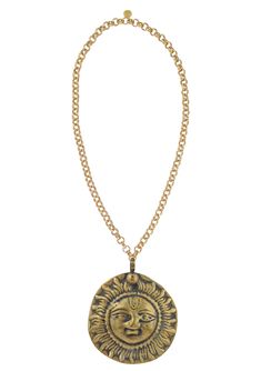 Carved Brass Nepalese Pendant 24K Gold Electroplated Textured Chain Slip-On Style Approx. 32" Long Pendant is 4 3/4" Long by 4" Wide  Made in USA Brass Pendant Necklace, Medallion Necklace, Long Pendant, Brass Pendant, Made In Usa, Slip On, Carving, Pendant Necklace, Necklaces