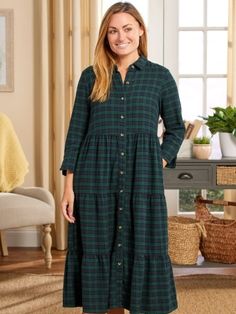 Plaid Flannel Tiered Midi Dress Fall Midi Dress, Fall Midi, Tartan Plaid Dress, Plaid Flannel Dress, Fresh Clothes, Comfortable Dresses, Fish Dress, Vermont Country Store, Tier Dress