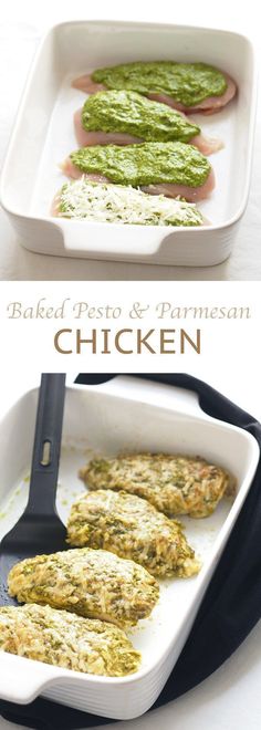 two pictures of chicken with pesto and parmesan on the side, in a baking dish