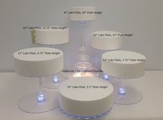 there are many different types of cake stands on the table with their names and measurements