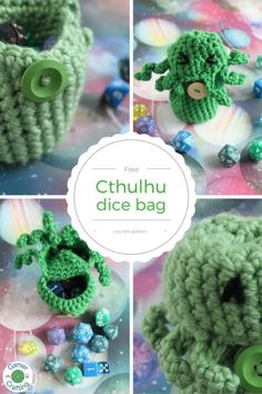 there is a crocheted green bag with buttons on the front and back side