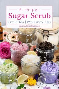 the recipe for sugar scrub is shown with flowers and lemons