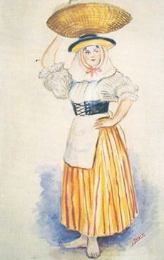 a painting of a woman holding a basket on her head