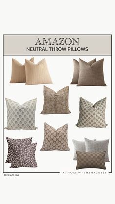 an advertisement for pillows with different patterns and colors on them, including the words amazon neutral throw