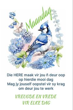 a blue bird sitting on top of a bunch of flowers with the words mandag written