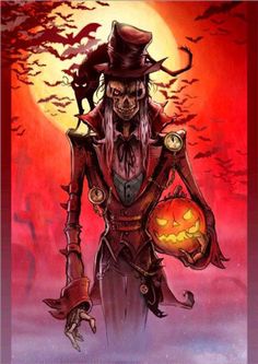 a painting of a skeleton wearing a top hat and holding a pumpkin