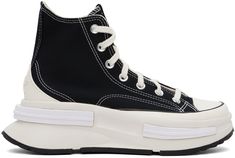 High-top canvas sneakers in black. · Rubber cap toe · Lace-up closure · Pull-loop at tongue · Faux-leather logo patch at inner side · Logo embossed at heel counter · Sculptural CX foam rubber platform midsole · Treaded rubber outsole · Platform: H2.5 in Supplier color: Black/Egret/White Egret White, Converse Run Star, Top Sneakers Women, White Platform, Converse Black, Casual Sneakers Women, Black Outfits, Leather Logo, Sneaker Collection