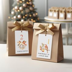 two brown bags with tags on them sitting next to a christmas tree in the background