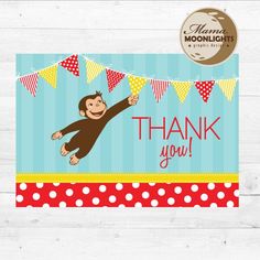 a thank card with a monkey hanging from it's back and the words, thank you