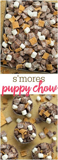 s'mores puppy chow recipe with marshmallows in the middle and on top