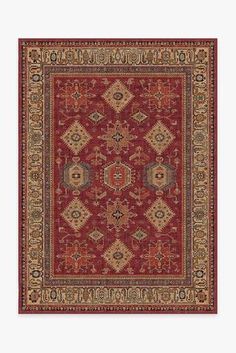 a red rug with an ornate design on the bottom and sides, in various colors