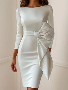 White Bow Boat Neck Three Quarter Sleeve Sheath Midi Dress | fehaute White Dresses Classy, White Elegant Dress, Elegance Dress, Long Dresses Elegant, Buy Dresses, White Gowns, Elegant Dresses For Women, White Bow, Midi Dress With Sleeves