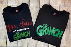 THIS LISTING IS FOR "THE GRINCH" SHIRT ONLY! IT DOES NOT INCLUDE THE "MRS. CLAUS BUT MARRIED TO THE GRINCH" SHIRT  I can make this in short sleeve TSHIRTS ARE UNISEX!! All shirts s-2xL are on Bella Canvas 3XL are on Hanes  100% Cotton  Vinyl Font Machine wash cold, line dry The Grinch Shirt, Married To The Grinch, Grinch Shirt, Grinch Shirts, Mrs Claus, The Grinch, Mens T Shirts, Mens Graphic Tee, Grinch