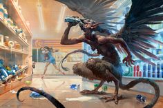 an artistic painting of a bird attacking a demon in a store with other items on the shelves