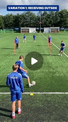 a group of young boys playing soccer on a field with the caption'variation 1 receiving outside '