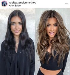 Dark Brown Hair Balayage Long Curtain Bangs, Black Hair To Blonde Before And After, Hair For Blue Eyes And Fair Skin, Hair Growth Before And After, Dark Roots Light Ends Brunettes, Black Hair To Brown Before And After, Black Hair To Brown, Long Chocolate Brown Hair, Black To Brown Hair