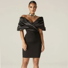 **Brand New** Alieva Maribel Crepe Ruffle Shoulder Dress. Black. Xs. This Luxe Maribel Ruffle Shoulder Dress Perfect For The Girl Who's Big On Dramatic And Romantic Entrances, This Is How We Love To Describe 'Maribel' Dress. It's Cut From A Luxurious Soft Heavyweight Crepe That Really Sculpts And Shapes Your Figure To Cinch Your Waist And Create The Perfect Figure Hugging Silhouette. The Oversized Satin Ruffles To The Shoulders Add Drama Yet It Sits Perfectly In An Off Shoulder Cut. The Boning D Black Satin Off-shoulder Dress, Chic Black Mini Dress For Evening, Black Satin Mini Dress For Dinner, Black Off-shoulder Dinner Dress, Elegant Black Mini Dress For Dinner, Black Ruched Dress For Evening, Off-shoulder Black Midi Dress For Dinner, Black Off-shoulder Midi Dress For Dinner, Black Dressy Mini Dress For Dinner