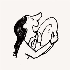 a black and white drawing of a woman holding a dog in her arms, with a bird on her shoulder