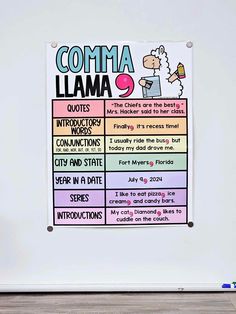 a sign on the wall that says comma llama and it is written in different languages