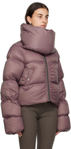 Lightweight down-filled GRS-certified recycled nylon satin jacket. · Press-stud fastening at funnel neck · Zip closure · Welt pockets · Cropped hem · Inset rib knit wool cuffs · Webbing strap at back yoke · Fully lined Supplier color: Amethyst Fill: 90% down, 10% feathers. Winter Nylon Outerwear With Zip Cuffs, Winter Outerwear With Ribbed Cuffs And Duck Down, Solid Color Outerwear With Ribbed Cuffs And Funnel Neck, Solid Outerwear With Ribbed Cuffs And Funnel Neck, Satin Jacket, Webbing Strap, Satin Jackets, Funnel Neck, Press Studs