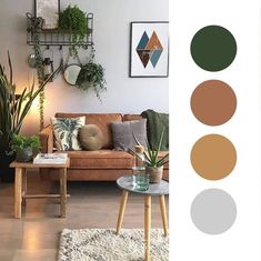 a living room filled with furniture and potted plants on top of a wooden table