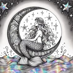 a drawing of a mermaid sitting on the moon with stars in the sky above it