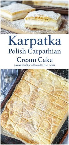 some kind of cake that is on top of a pan with the words karpataa polish caption cream cake