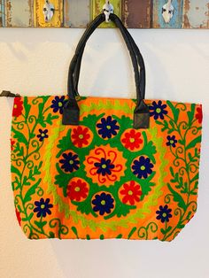 "Handmade item Material: Cotton/ Faux leather Color: Various H: 14\" W: 22\" Depth: 6.5\" Strap drop: 7.5\" Closure: Zipper Fully lined, 3 inside pockets Spot clean Made in India" Guatemalan Textiles, Cotton Textile, Large Tote, Inside Pocket, Primary Colors, Bags Handbags, Las Vegas, Top Handle Bag, Hand Weaving