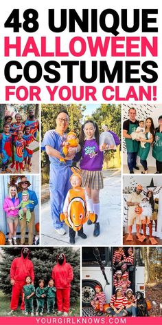 halloween costumes for adults and children with text overlay