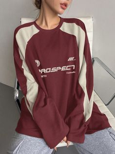 Women Spring/Summer Loose Casual Long Sleeve T-Shirt With Letter Print Long Sleeve WTH PROSPECT Fantastic Jersey Burgundy Casual  Long Sleeve Knitted Fabric Colorblock,Letter,Slogan  Slight Stretch  Women Clothing, size features are:Bust: ,Length: ,Sleeve Length: Long Sleeve T-shirt, Long Sleeve Shirts Aesthetic, Long Sleeve Shirts Outfits, Long Sleeve Under T Shirt, T Shirt Outfits Women, Baggy Long Sleeve Shirt, Cute Long Sleeve Shirts, Full Sleeve Shirts, Long Sleeve Under Shirt