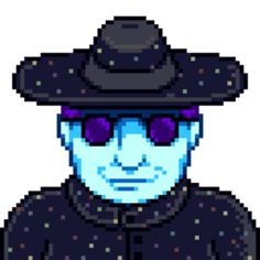 a pixellated image of a man wearing a hat and glasses