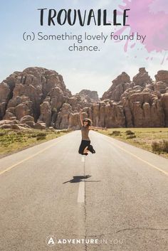 a woman jumping in the air on an empty road with text overlay that says, why