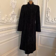 Gorgeous Vintage Black Wool Coat, Persian Lamb Design. Princess Style. 46 Inches In Length, Chest Measures 18 Inches Across, Waist Measures 17 Inches Across Sleeves Measured 24 Inches. Flares At The Base. Made In Usa. Probably 1950s. Excellent Condition. Very Warm. Persian Lamb Coat, Fitted Outerwear With Stand Collar For Evening, Fitted Evening Outerwear With Stand Collar, Elegant Black Long Coat, Evening Long Coat With Button Closure, Fall Outerwear With Stand Collar For Evening, Elegant Black Outerwear With Button Closure, Vintage Black Outerwear With Stand Collar, Black Outerwear For Evening In Fall