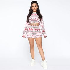 Description DressBetty - Christmas Pajama Sets Long Sleeve Crop Top Shorts 2Pcs Snowflake Print Knitted





Feature 
  

The underpants is made from high quality polyester material 
  

Comfortable and breathable, elastic but not tight, wearing without marks 
  

The shorts elastic waistband is more close to the body 
  

The belt is full of elasticity; the shape is charming 
  

The underwear is not easy to slide, and it has the effect of shaping hip and abdomen 
  

Durable and high-quality fabric can be washed by machine without discoloration or deformation 
 

 
 

Specification 
  

Material: polyester? ?
  

Detail: elastic and breathable? 
  

Pattern: elk, snowflake 
  

Function: breathable, shape body, slimming, support abdomen, tummy control? 
  

Color: red/ white/ grey 
  

S Crop Top Shorts, Womens Christmas Pajamas, Christmas Suit, Snowflake Print, Christmas Pajama Set, Fashion Nova Models, Crop Top And Shorts, Fashion Nova Jeans, Print Crop Tops