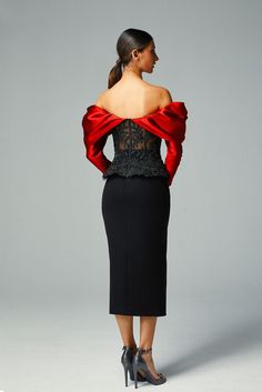 Description Black Top & skirt, Midi dress Fitted, Long Sleeves Off shoulder Open neckline Embroidered lace, Crepe, Taffeta Dry Clean Made in Lebanon SKU ga-6219-ga-6220 Embroidered Corset, Red Drapes, Dress Name, Formal Tops, Dress Fitted, Skirt Midi, Beaded Top, Closet Designs, Black Crystals