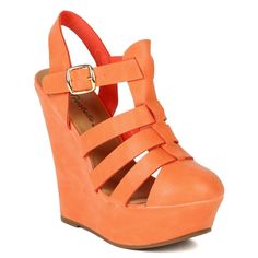 Peach Round Toe Platform Wedges With 5" Heel Trendy Orange Round Toe Wedge Sandals, Trendy Orange Wedge Sandals For Spring, Orange Synthetic Ankle Strap Wedge Sandals, Womens Shoes Wedges, Platform Wedges, Wedges, Women Shoes, Heels, Red