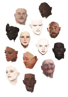 many different types of faces are shown in this drawing style, including men's hair and beards