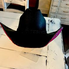 Black Cowboy Hat, Handmade With Pink Iridescent Rhinestones Size Large Fits 7 1/4 - 7 1/2 Custom Black Hat For Party, Black Brimmed Hat With Rhinestones, Black Adjustable Embellished Hats, Black Wide Brim Hat With Rhinestones, Cowboy Hat Black, Pink Cowboy Hat, Black Cowboy Hat, Pink Cowboy, Pink Iridescent