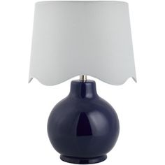 a blue table lamp with a white shade