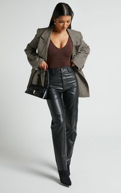 Kerrie Bodysuit - V Neck Bodysuit in Chocolate | Showpo USA Spring Fashion Casual, V Neck Bodysuit, Faux Leather Pants, Crop Blouse, Winter Looks, Long Coat, Spring Fashion, Leather Pants, Outfit Inspirations