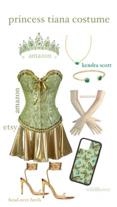 a woman's dress and accessories are shown with the words princess tia costume