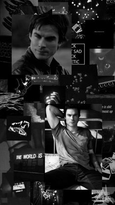 black and white collage with many different pictures on it, including the man's face