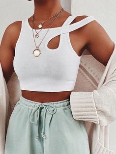 Wrap Solid Color Hollow Exposed Navel Tank - rrdeye White Tank Top Women, Crop Top Tees, Workout Crop Top, Ribbed Crop Top, Cropped Tops, Sleeveless Crop Top, Solid Clothes, Knit Crop Top, White Crop Top